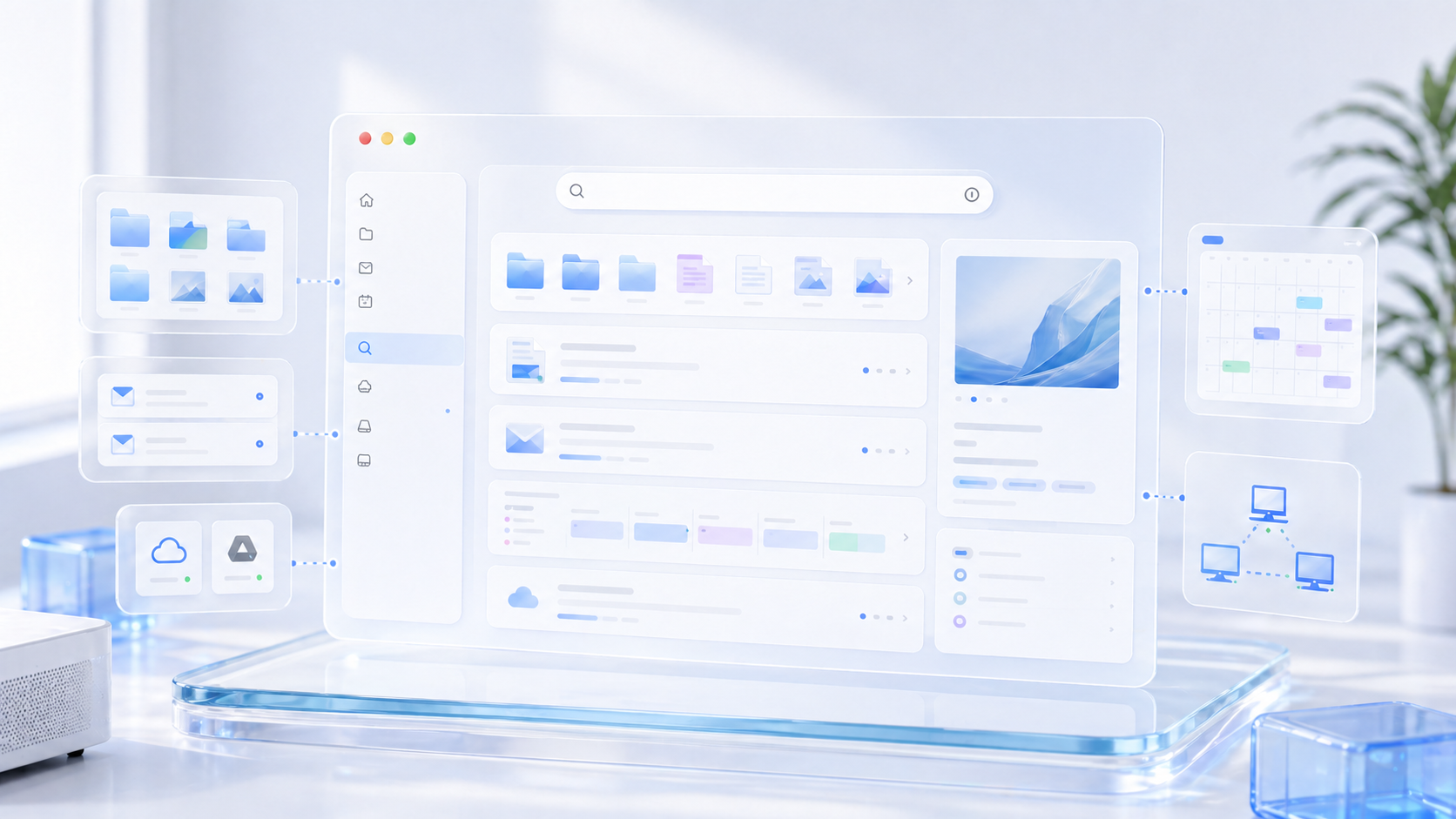 Global search product visual with files, calendar, mail, and connected sources