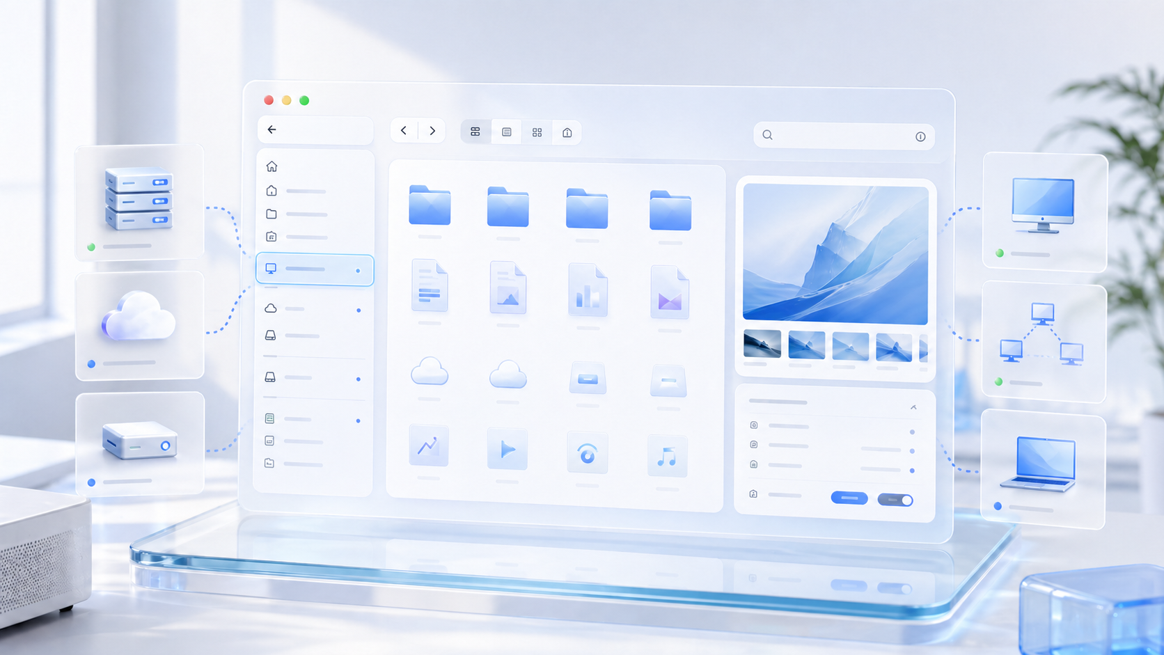 Network file sources product visual with local folders, drives, servers, and cloud entries
